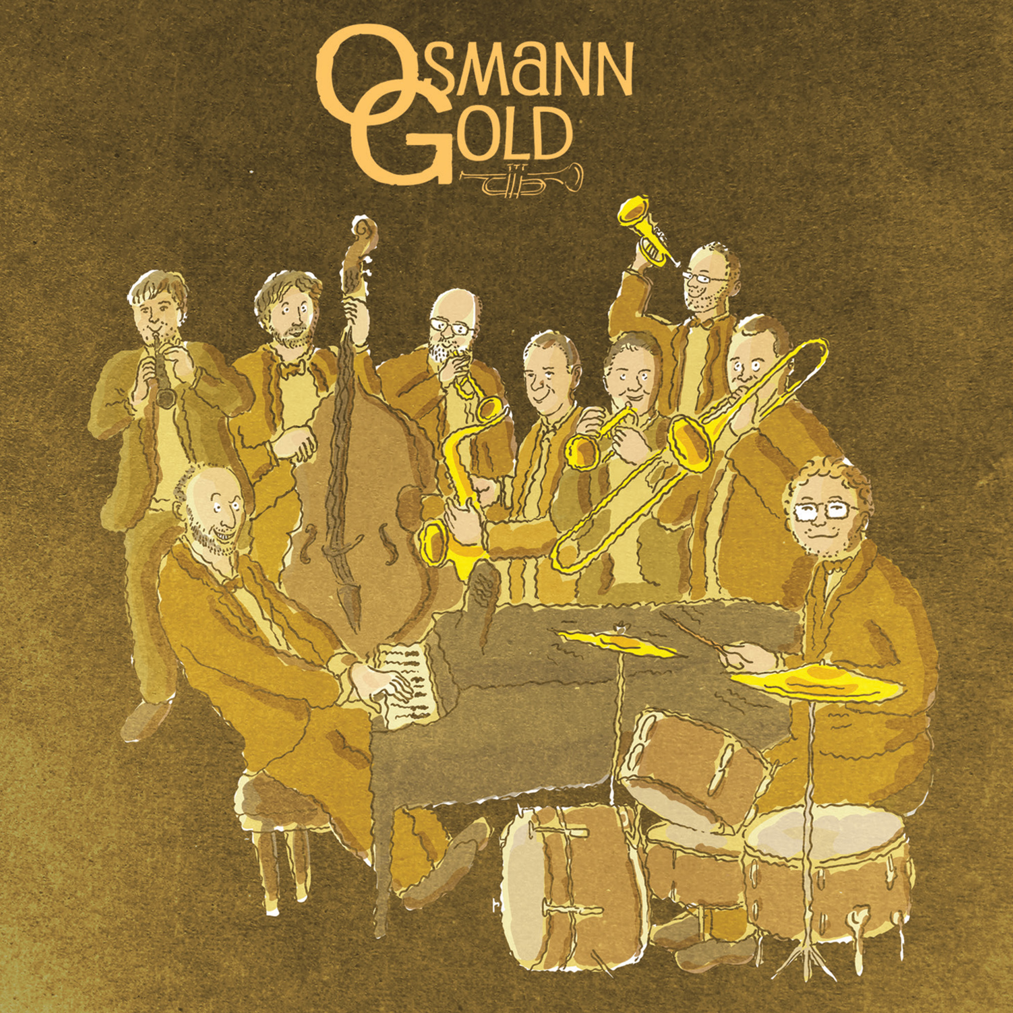 Copertina dell'album OsmannGold realizzata da Michele Staino. Il disegno rappresenta l'intera orchestra OsmannGold.