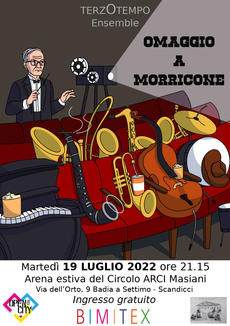 Locandina del concerto dell'Ensemble Terzo Tempo "Omaggio a Morricone" a Scandicci